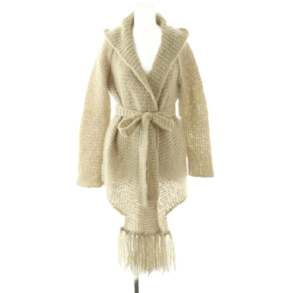Max Mara White Tag Gown Cardigan Knit Fringe Mohair Blend Silk Light Beige