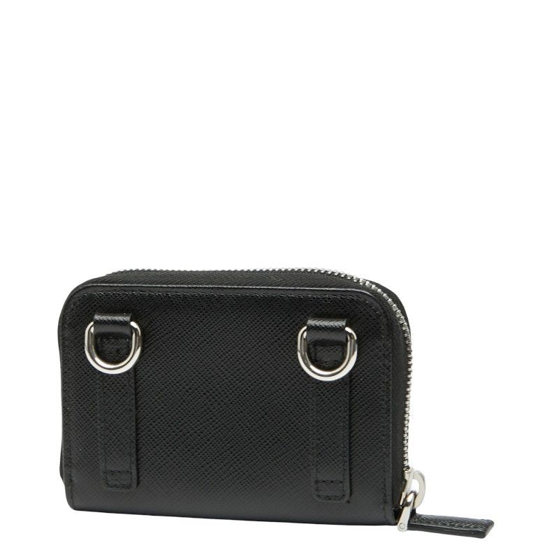 Prada Triangle Logo Plate Coin Case Card Case Shoulder Wallet Black Saffiano