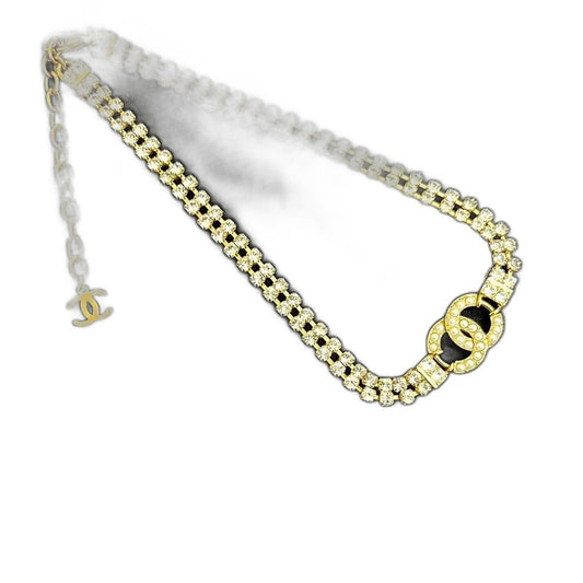 Chanel CC Logo Rhinestone Faux Pearl Necklace Choker Gold