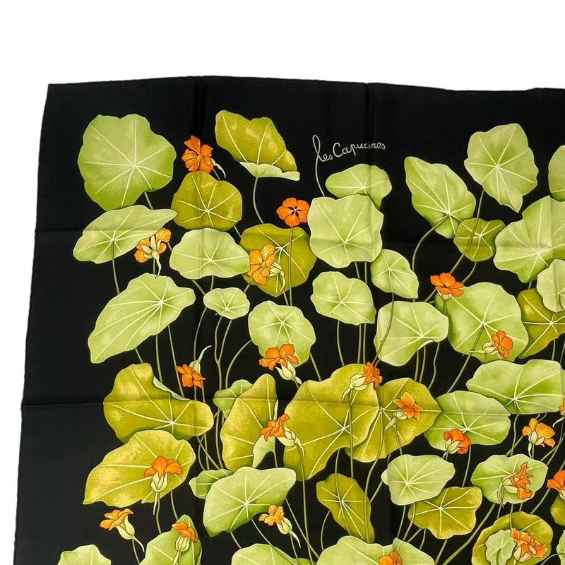 Hermes Carre 90 Silk Scarf LES Capucines Golden Lotus Flower Black