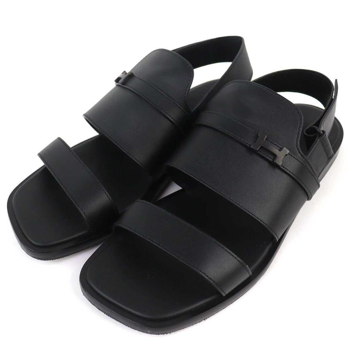 Hermes Giacomo Logo Ankle Strap Leather Comfort Sandals Black