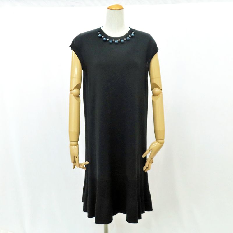 Louis Vuitton No Sleeve Knit Dress Wool L Black Bijoux Decoration Knee