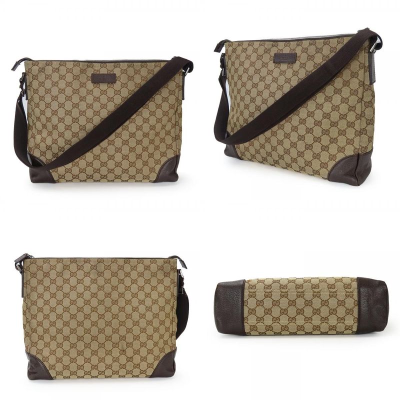 Gucci Shoulder Bag 110054 GG Canvas Leather Beige Dark Brown Silver Hardware