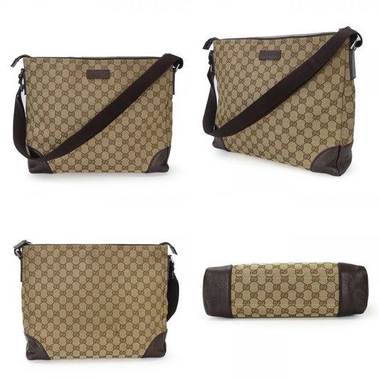 Gucci Shoulder Bag 110054 GG Canvas Leather Beige Dark Brown Silver Hardware