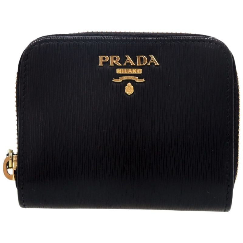 Prada Round Zipper 1 mm 268 Leather Gold Hardware Black Coin Case Wallet