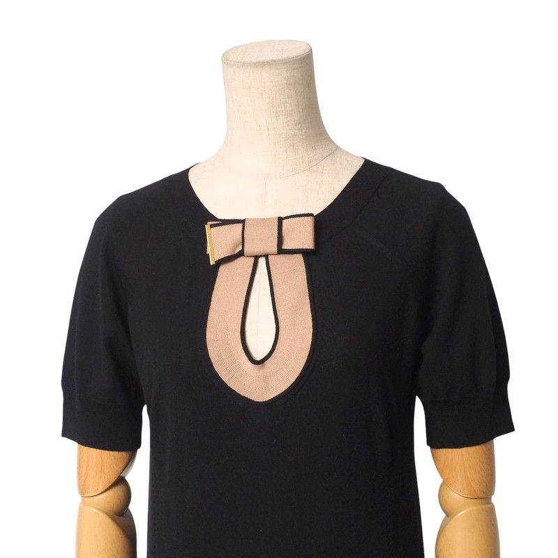 Louis Vuitton Knit Size XS Short Sleeves Sweater Top Ribbon Wool Black Pink