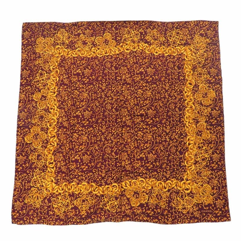 Chanel Large Shawl Chain Pattern Coco Mark Wool Silk Gold Bold 135 cm