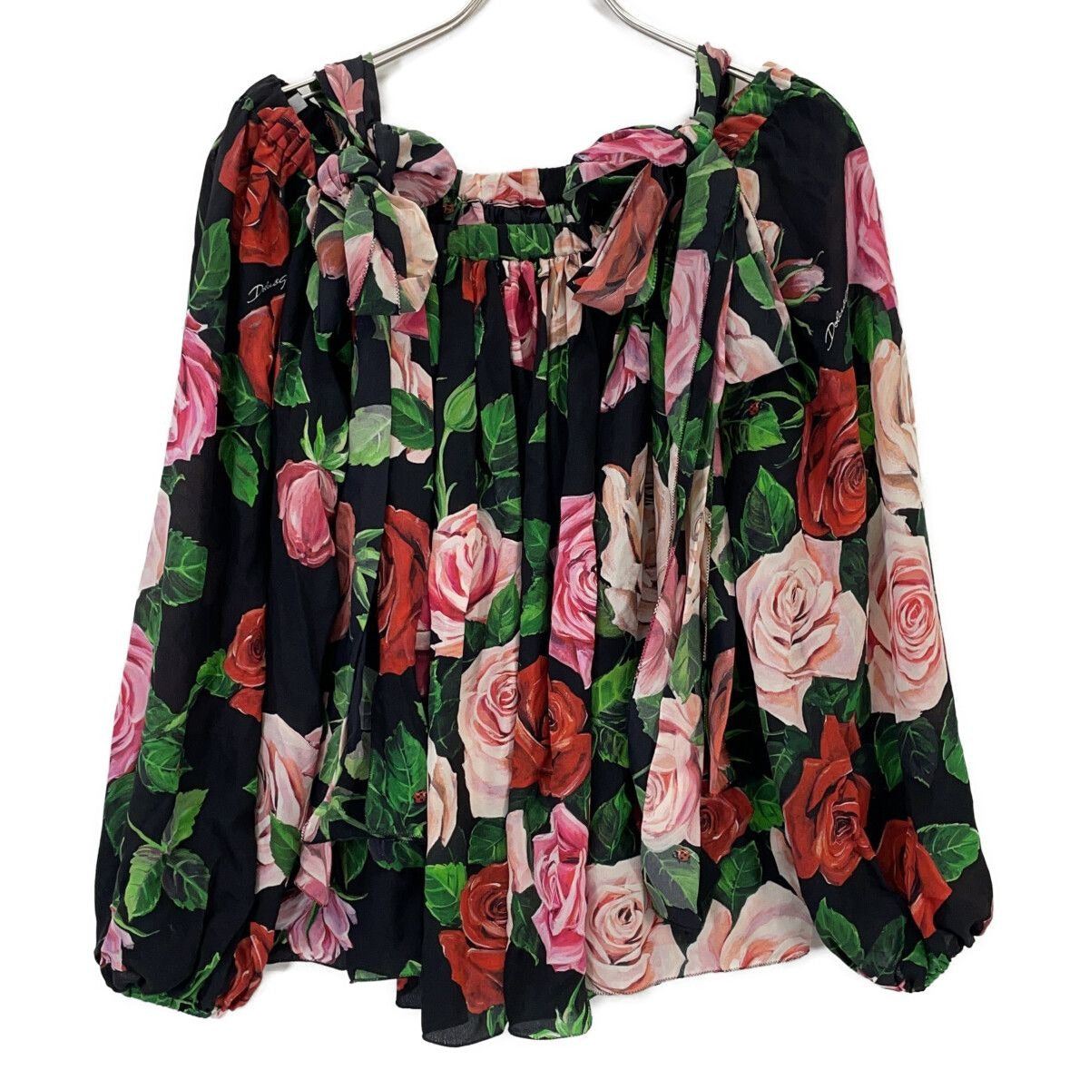 Dolce & Gabbana Rose Print Off Shoulder Silk Blouse 44