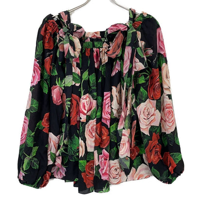 Dolce & Gabbana Rose Print Off Shoulder Silk Blouse 44