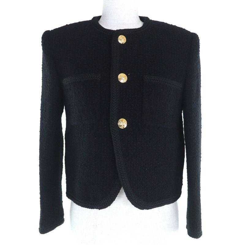 Celine 2 V00 C764 L Wool Cotton Logo Button Bucles Tweed Chass Eur Jacket Collarless