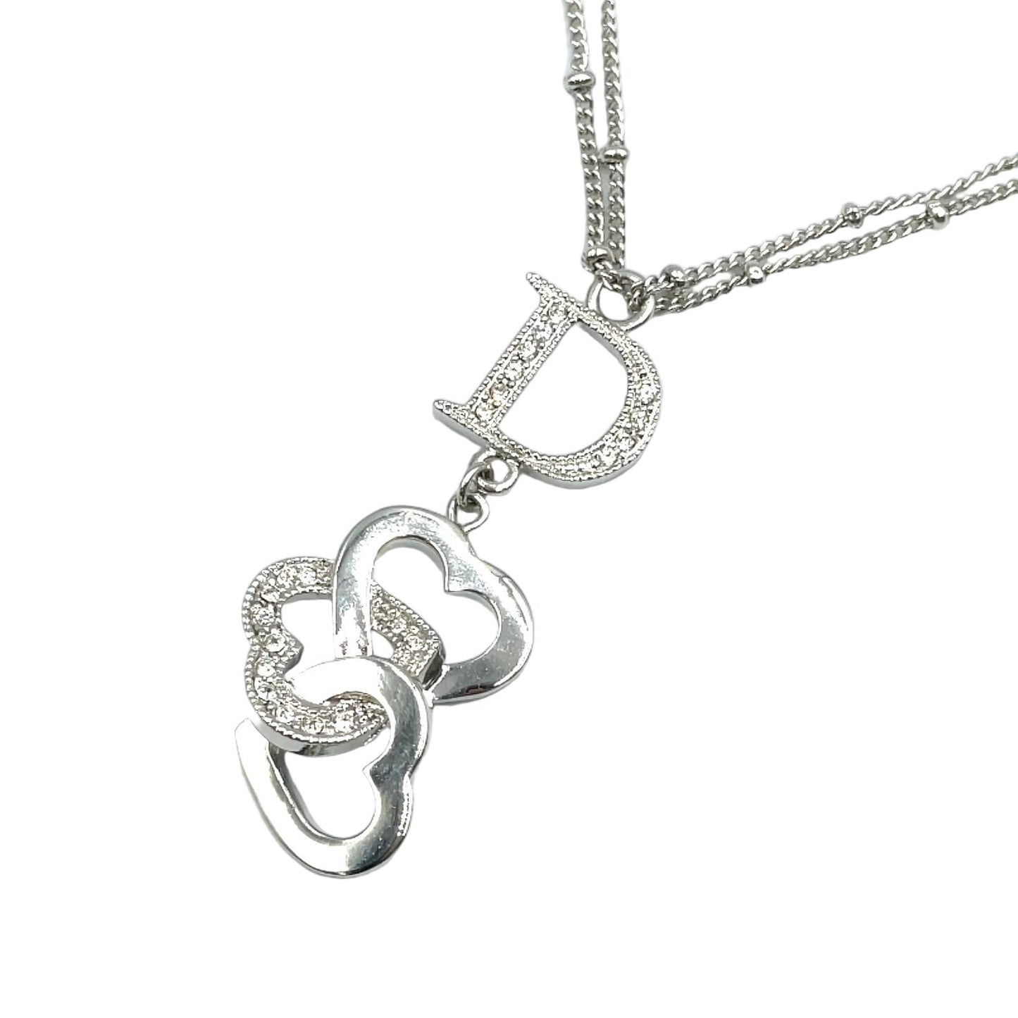 Dior D Logo Triple Strand Heart Double Chain Metal Color Stone Clear Silver