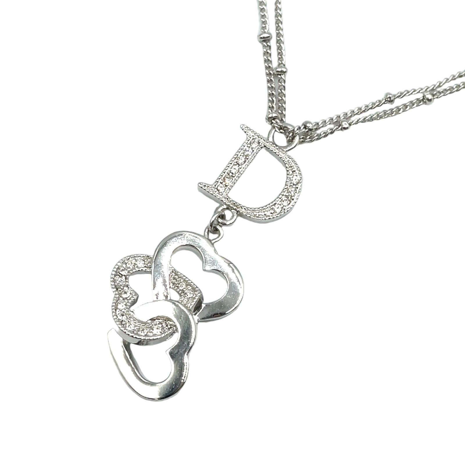 Dior D Logo Triple Strand Heart Double Chain Metal Color Stone Clear Silver