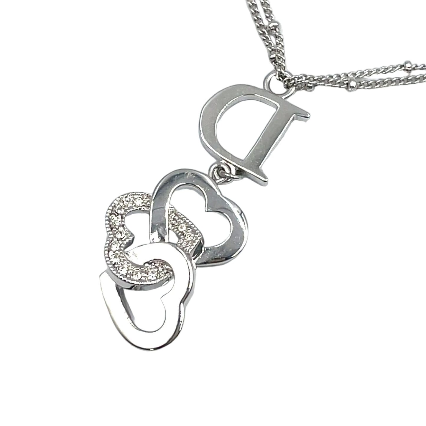 Dior D Logo Triple Strand Heart Double Chain Metal Color Stone Clear Silver — view 2