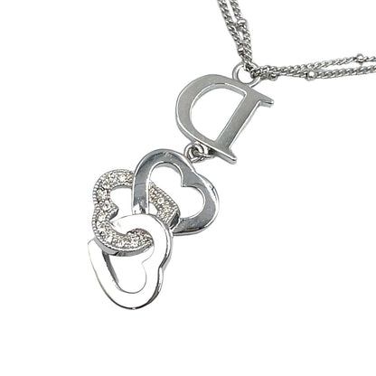 Dior D Logo Triple Strand Heart Double Chain Metal Color Stone Clear Silver — view 2