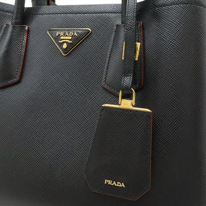 Prada Double Deubre Handbag 2WAY Shoulder Bag Bicolor Shape Pressed Leather