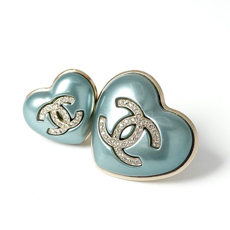 Chanel Brooch Corsage Blue Gold Pin Heart Rhinestone Set Of 2