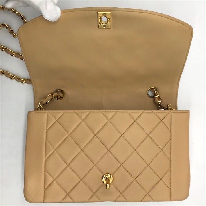 Chanel Diana CC Logo Quilted Lambskin Turnlock Chain Shoulder Bag Beige