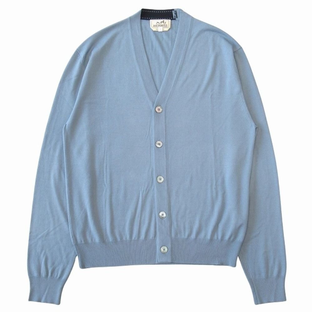 Hermes Wool Knit Cardigan Top Long Sleeve Logo Lightweight S Light Blue