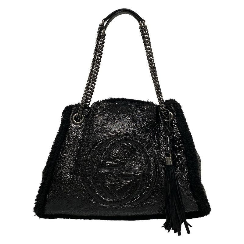 Gucci Tote Bag Soho Interlocking G 308982 Black Chain Shoulder Leather  Mouton