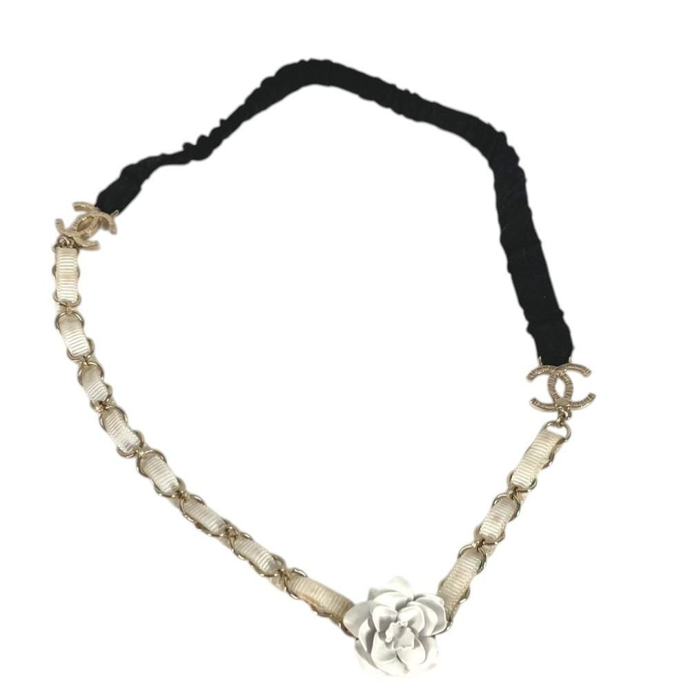 Chanel Headband Chain Camellia CC Logo Metal White Hair Accessory