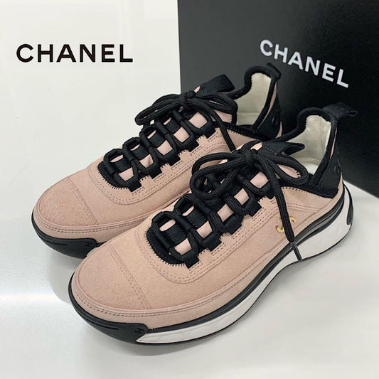 Chanel Coco Mark Logo Suede Fabric Sneakers Pink