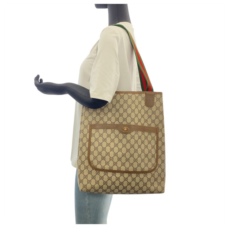 Gucci Vintage Sherry Line Beige Brown GG Supreme Canvas Tote Shoulder Bag 505385