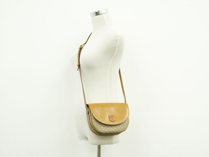 Authentic Celine Macadam Shoulder Bag Pochette PVC Leather Beige Brown Macadam