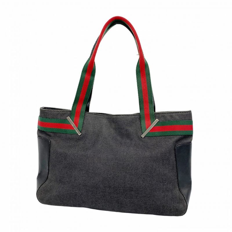 Gucci Tote Bag Sherry Line 73983 Denim Black Silver Hardware Women's