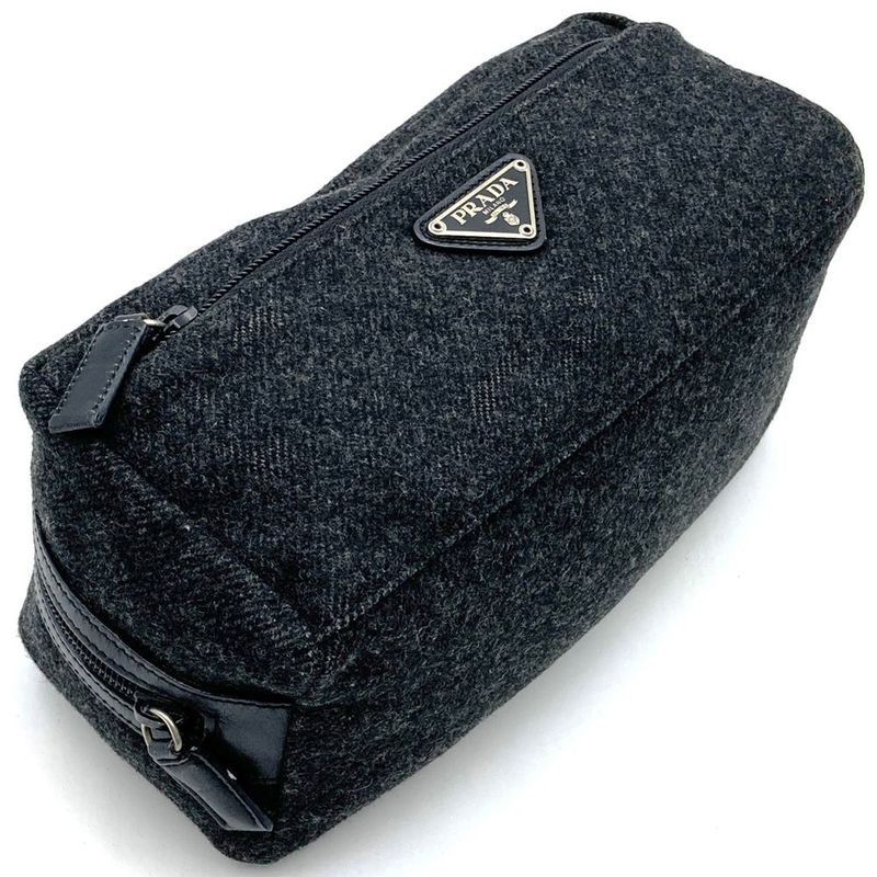 Prada Pouch Clutch Bag Small Bag Gray Wool Triangle Logo Fashion Women Men