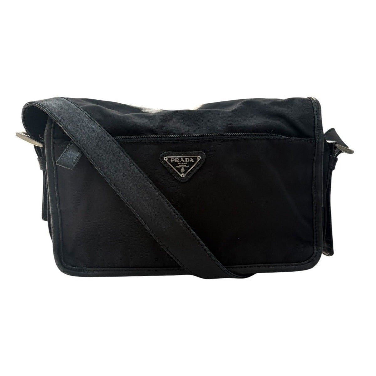 Prada Tessuto Triangle Logo Black Silver Nylon Leather Shoulder Bag
