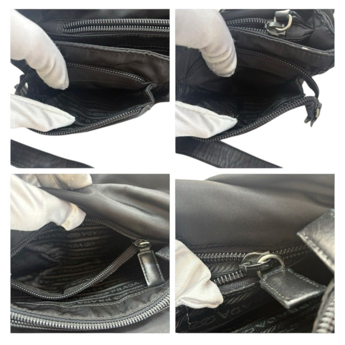 Prada Tessuto Triangle Logo Black Silver Nylon Leather Shoulder Bag — view 8