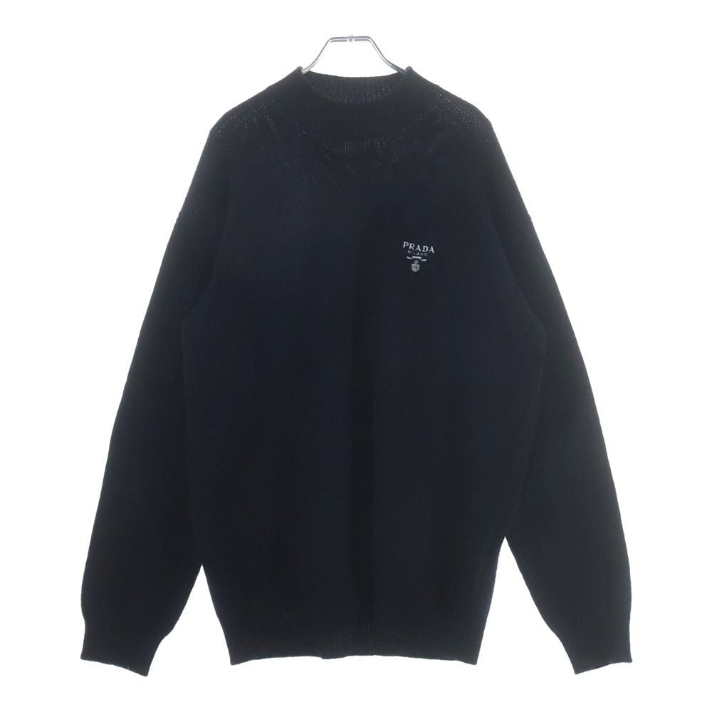 Prada Logo Embroidery Mock Neck Cashmere Knit Black Sweatshirt
