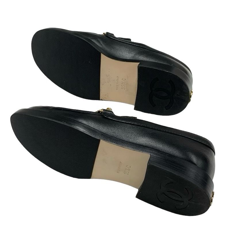 Chanel Loafer Leather Shoes Leather Black Gold Here Mark Chain Matelasse Pearl