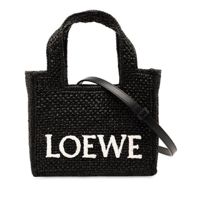 Loewe Font Tote Mini Shoulder Bag 2-Way Black Raffia Leather