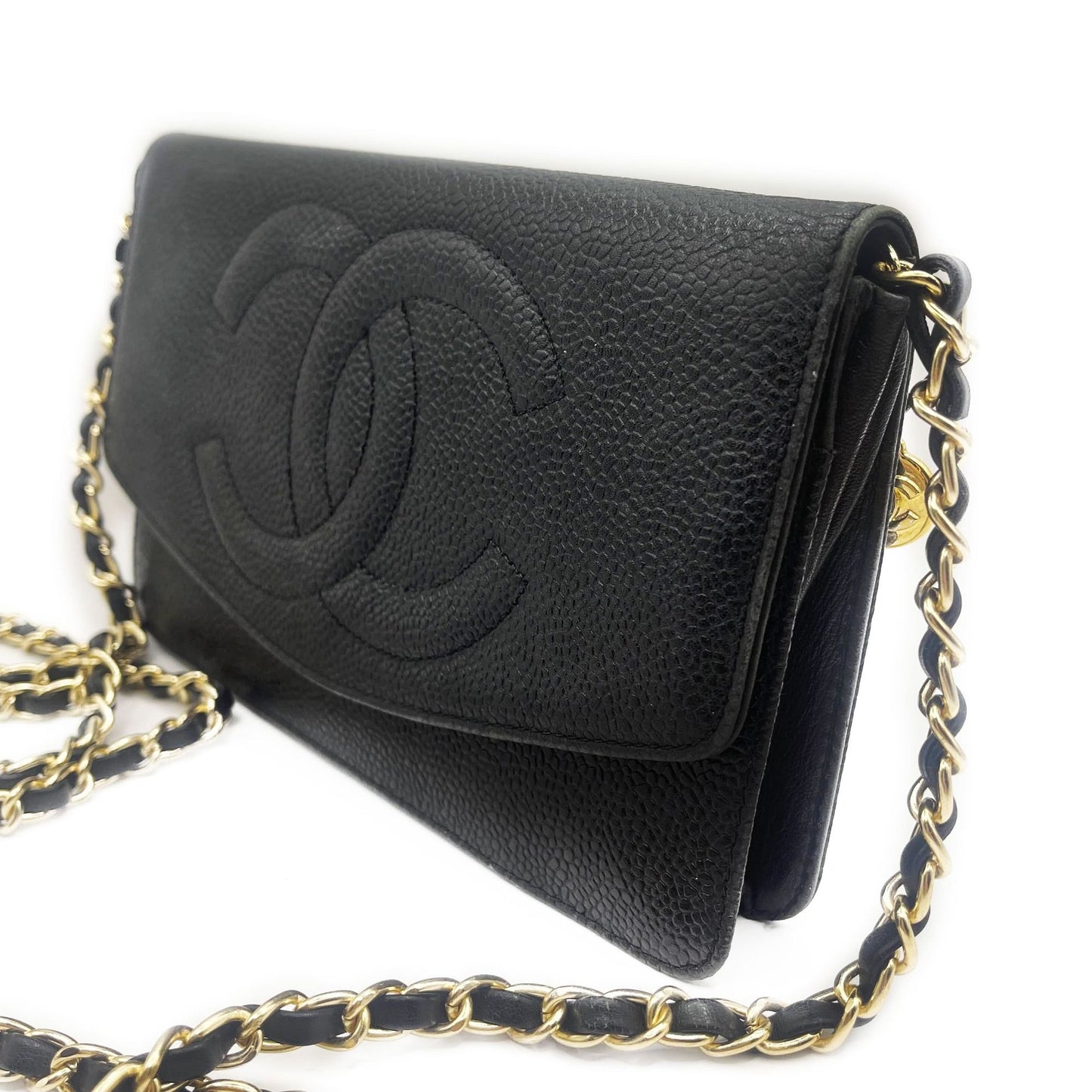 CHANEL CC Classic Timeless Caviar Leather Flap Wallet Chain Purse
