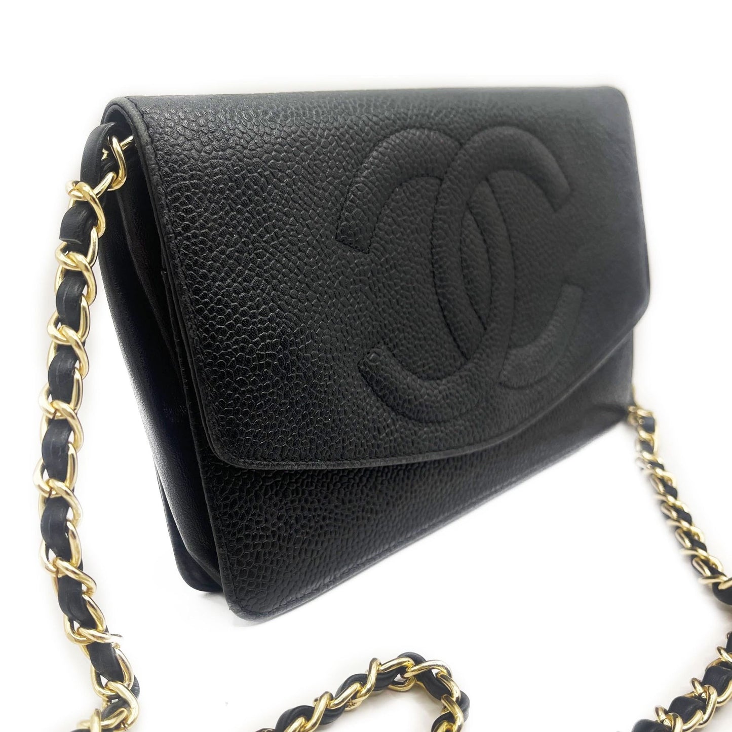 CHANEL CC Classic Timeless Caviar Leather Flap Wallet Chain Purse