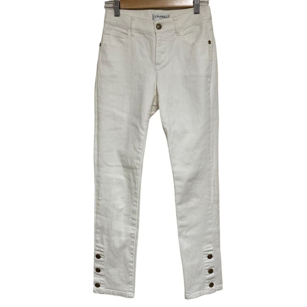 Chanel CC Logo Button Slim Stretch Denim Pants 36 White Suede