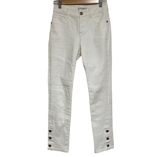Chanel CC Logo Button Slim Stretch Denim Pants 36 White Suede