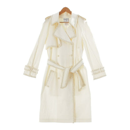 CHANEL 04P Pearl Double Button Belted Tweed Trench Coat White Cream 38 Outerwear