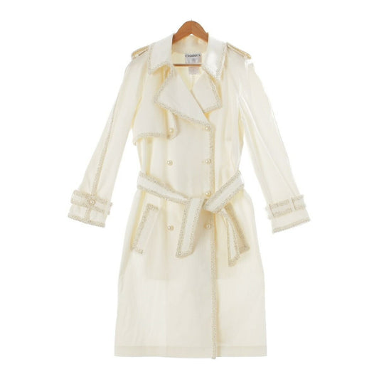 CHANEL 04P Pearl Double Button Belted Tweed Trench Coat White Cream 38 Outerwear