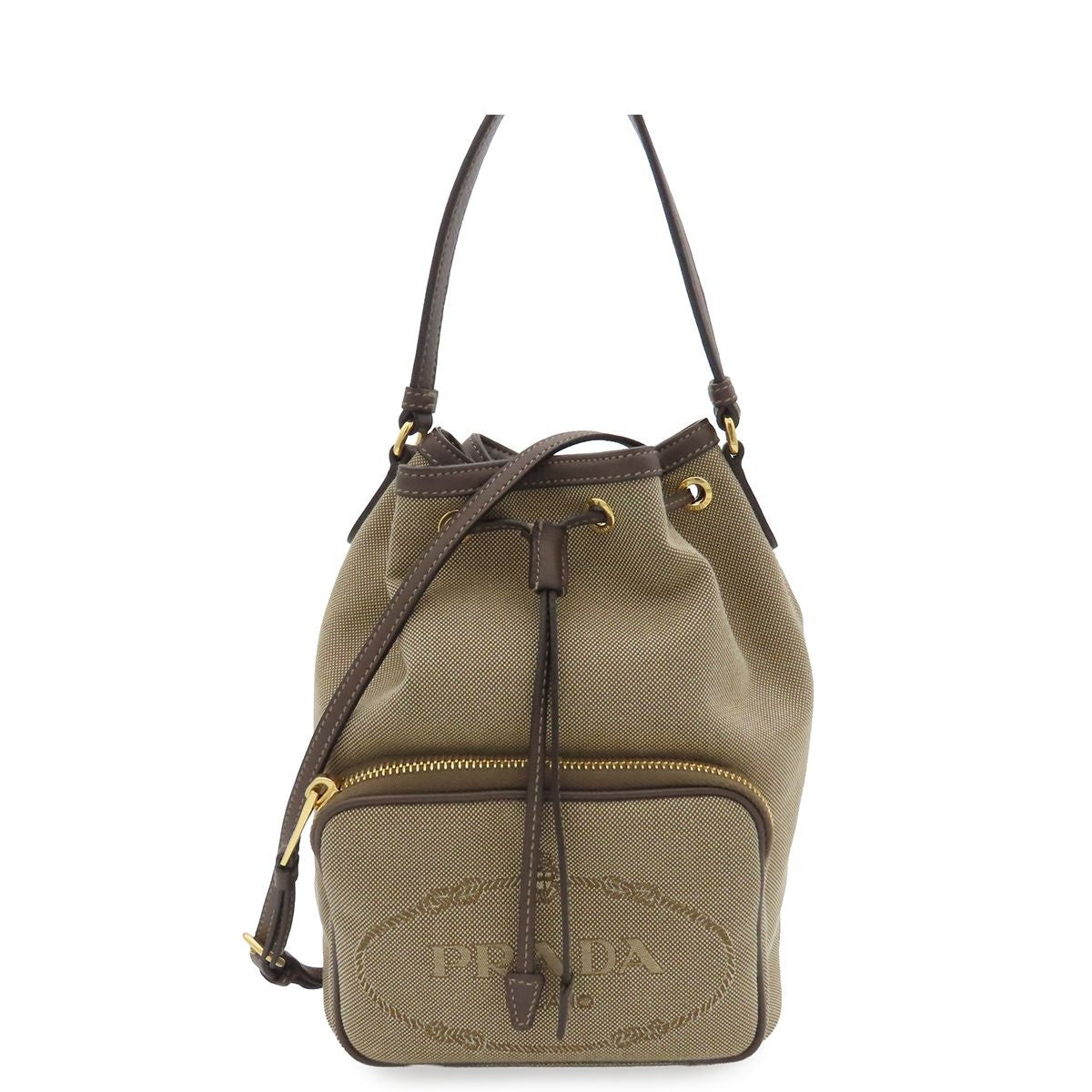 Prada Logo Jacquard Beige Brown Canvas 2-Way Shoulder Bag Drawstring