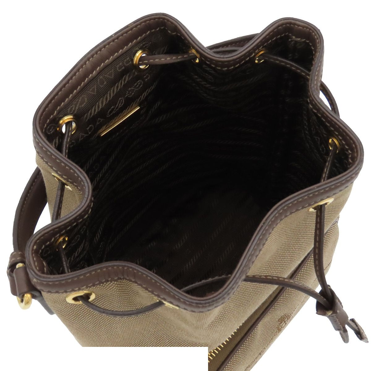 Prada Logo Jacquard Beige Brown Canvas 2-Way Shoulder Bag Drawstring — view 5
