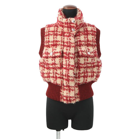 Chanel Down Vest Tweed Striped 34 Mohair Wool Red Beige