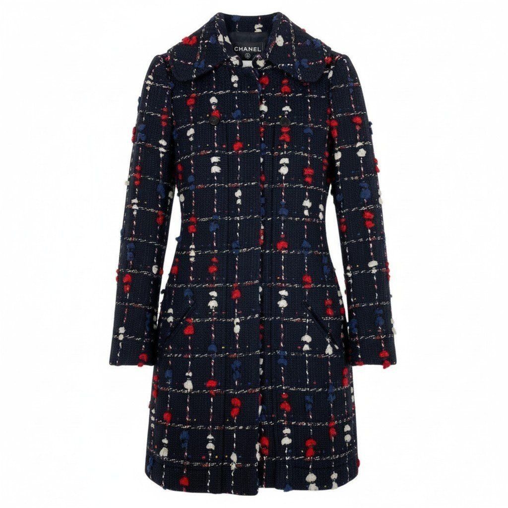 Chanel Cd2 CC Button Tweed Soutien Collar Coat CC 36 Navy