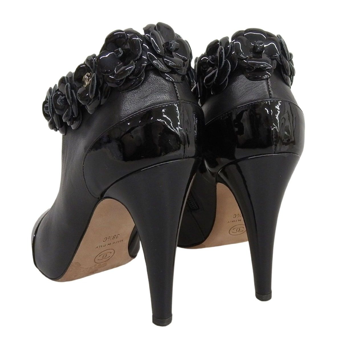Chanel Camellia Decoration with CC Logo Patent Leather Ankle Boots Booties — view 4