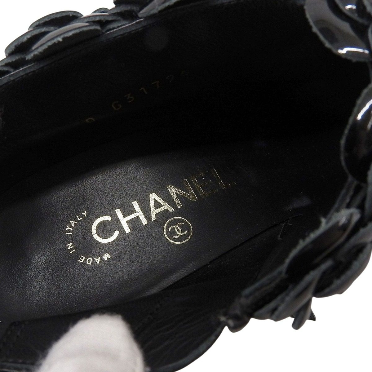 Chanel Camellia Decoration with CC Logo Patent Leather Ankle Boots Booties — view 7