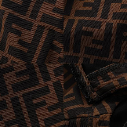 Fendi 19 Nylon Zucca Pattern Short Sleeve Crew Neck Long Dress Brown 38