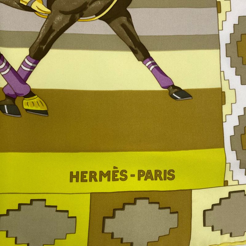 Hermes Carre 90 Scarf Silk LES Poneys DE POLO Large Size Horse Print Yellow