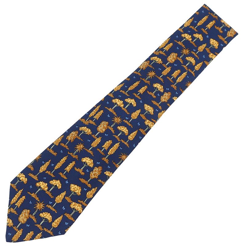 Hermes Tie with Botanical Pattern 8.5cm (3.35in) Silk Navy Blue and Orange Navy
