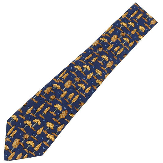 Hermes Tie with Botanical Pattern 8.5cm (3.35in) Silk Navy Blue and Orange Navy